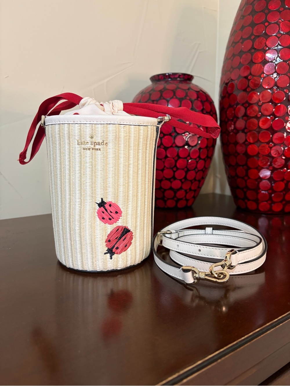 Kate Spade Dottie Ladybug Straw Embroidered Cylinder Crossbody Bag MSRP $349